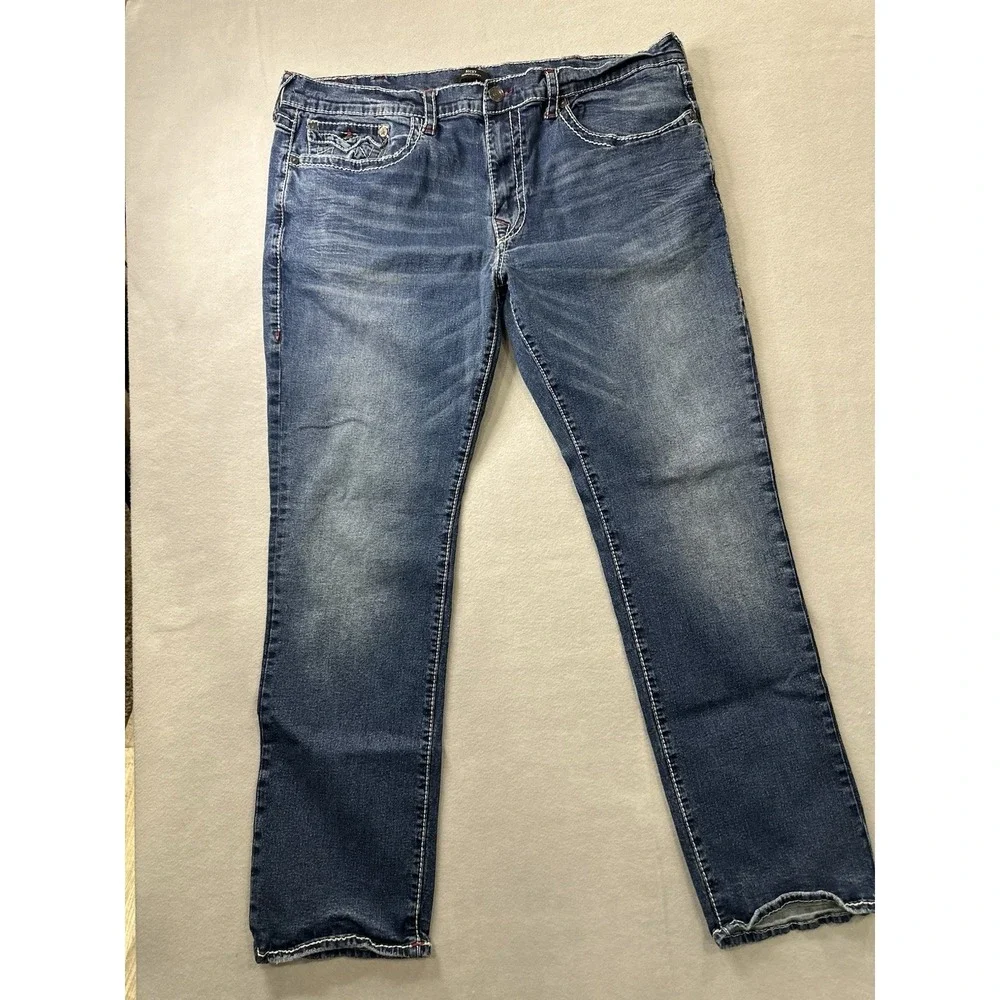 True Religion Jeans Mens 44x32 Blue Ricky Straight Flap Whisker Y2k World Tour